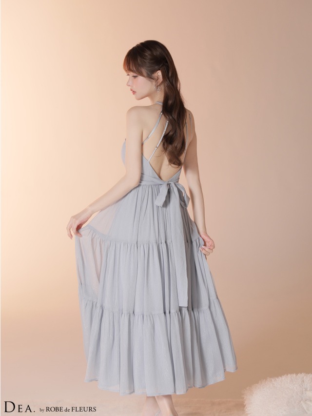 Lサイズあり】ラメシフォンホルターネックティアードロングドレス (DE4145)