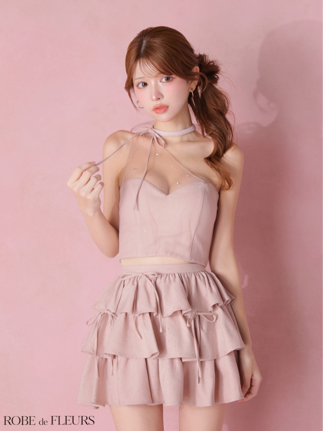 ROBE de FLEURS ストーンワンショルティアードツーピースxs ピンク XSサイズあり】ストーンワンショルティアードツーピースミニキャバ