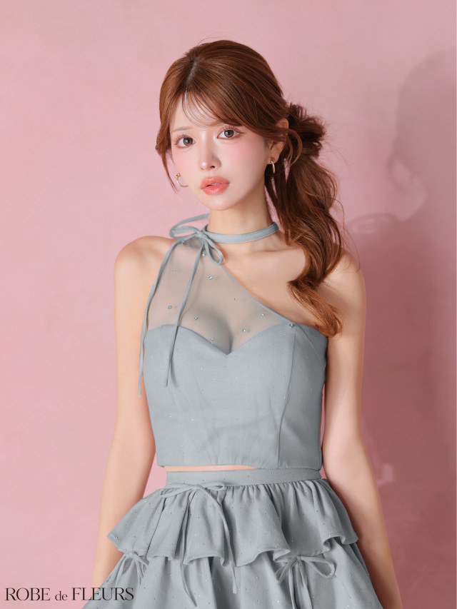 ROBE de FLEURS ストーンワンショルティアードツーピースxs ピンク XSサイズあり】ストーンワンショルティアードツーピースミニキャバ