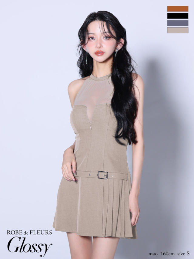 ベージュ シアー袖 フレアパンツドレス チュール刺繍バックリボンドレス(ベージュ)H1-391BE-M | OTONA DRESS