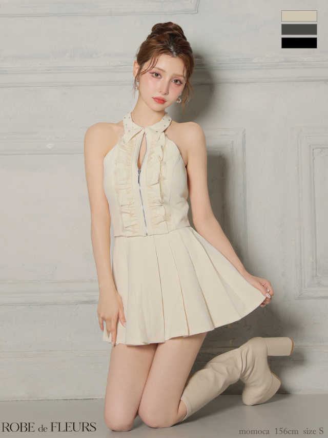 XS～Lサイズあり】レースハイネックセットアップフレアミニキャバ