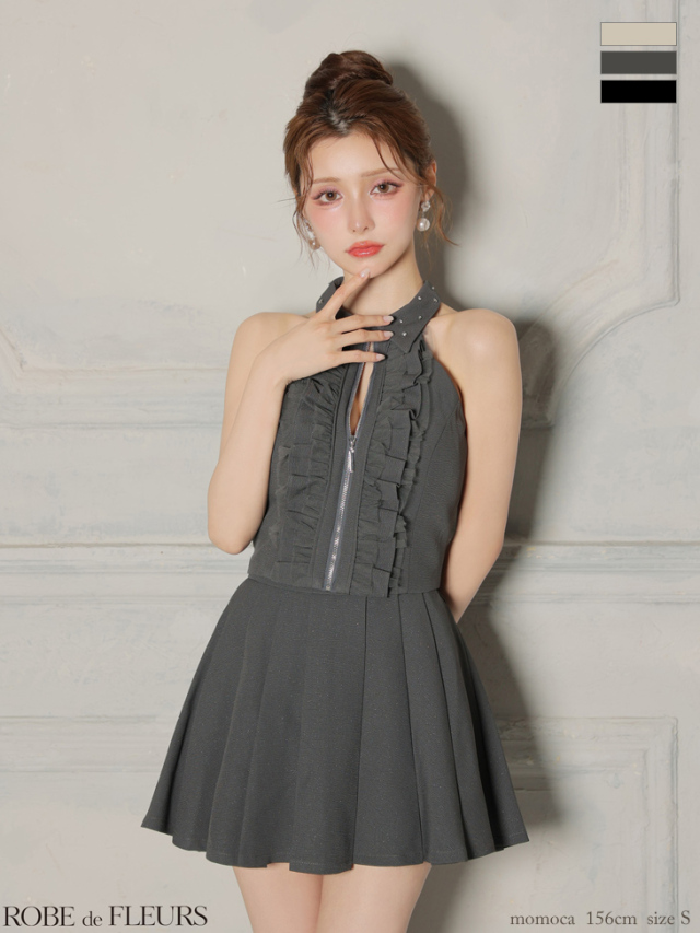 XS～Lサイズあり】レースハイネックセットアップフレアミニキャバ