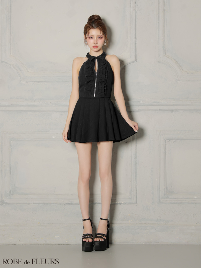 XS～Lサイズあり】レースハイネックセットアップフレアミニキャバ