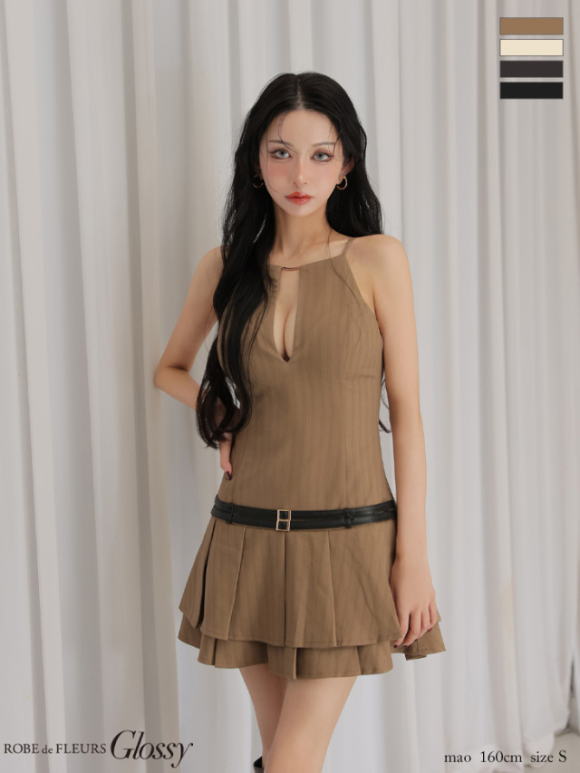 XSサイズあり】ヘリンボーンレザーベルトフレアミニキャバドレス(GL4158)