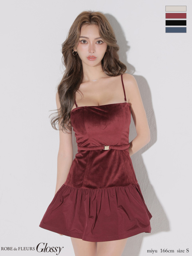 ROBE de FLEURS Glossy/ デコルテチェーンベロアミニドレス黒 XSサイズあり】デコルテチェーンネックレス×リブニットタイトキャバ