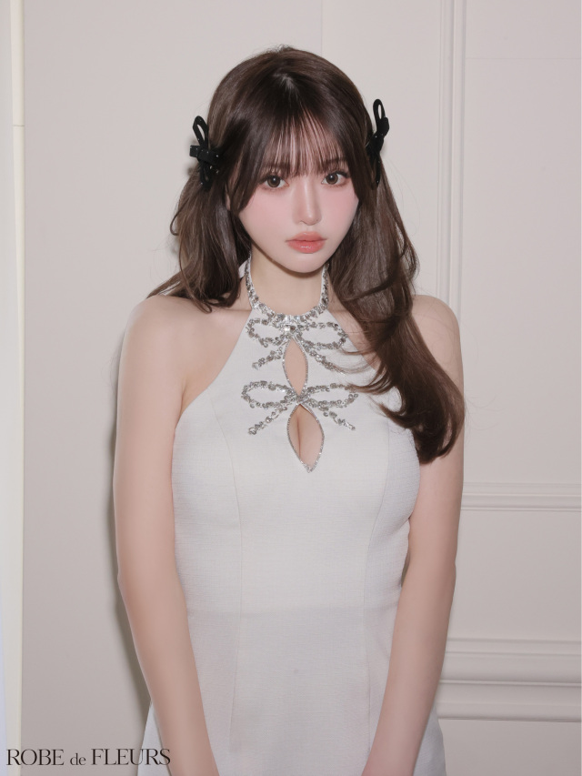 XSサイズあり】ツイードビジューリボンホルターミニキャバドレス (fm4163)