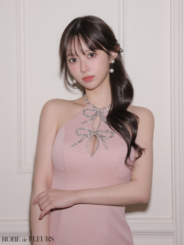 XSサイズあり】ツイードビジューリボンホルターミニキャバドレス (fm4163)