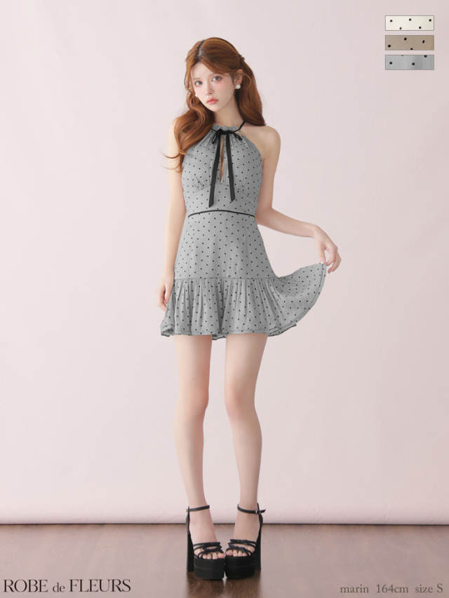 ROBE de FLEURS ドットオーガンジーホルターリボンミニキャバドレス XSサイズあり】ドットオーガンジーホルターリボンミニキャバドレス