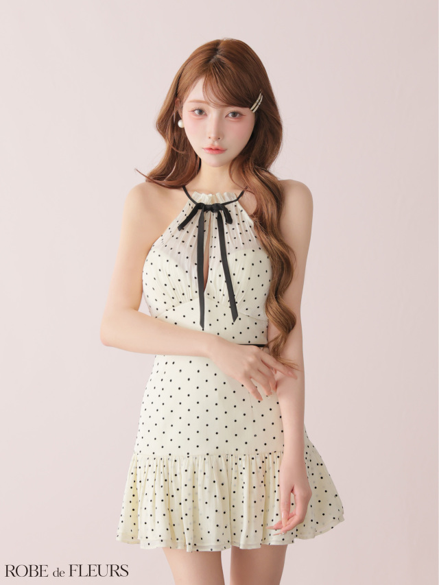 ROBE de FLEURS ドットオーガンジーホルターリボンミニキャバドレス XSサイズあり】ドットオーガンジーホルターリボンミニキャバドレス