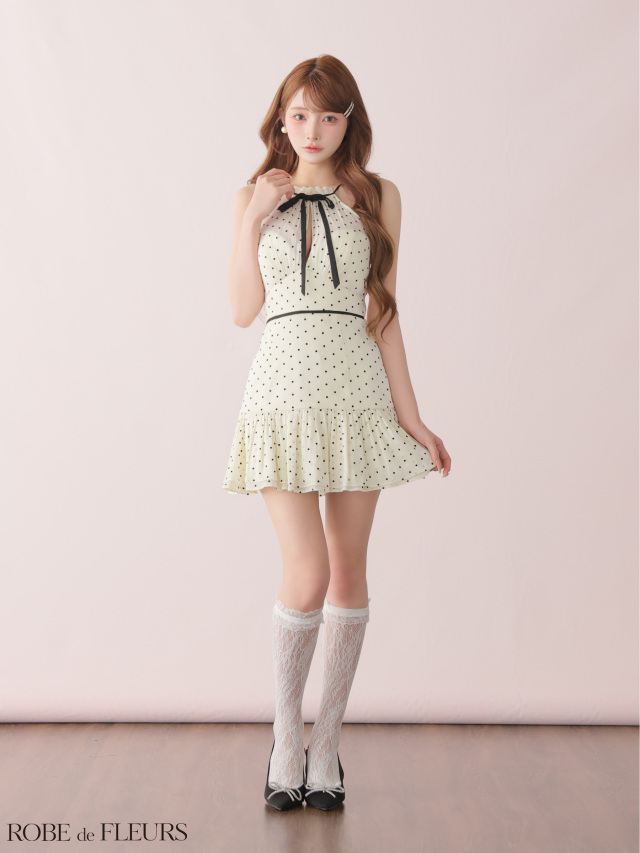 ROBE de FLEURS ドットオーガンジーホルターリボンミニキャバドレス ROBE de FLEURS ローブドフルール 【XSサイズあり】 ドット