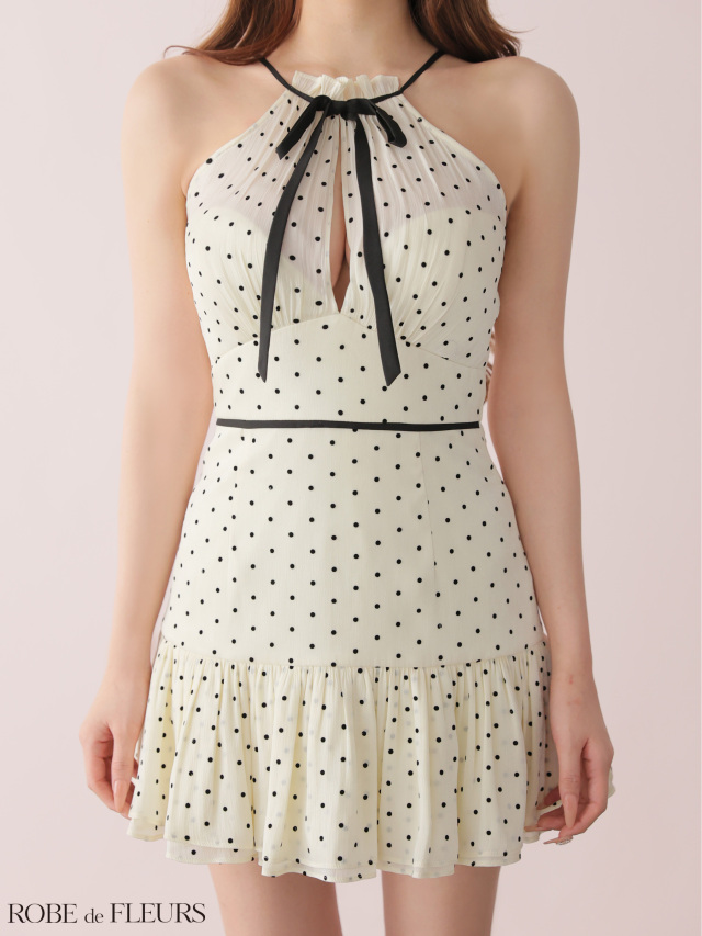 ROBE de FLEURS ドットオーガンジーホルターリボンミニキャバドレス ROBE de FLEURS ドットオーガンジーホルターリボンミニキャバドレス