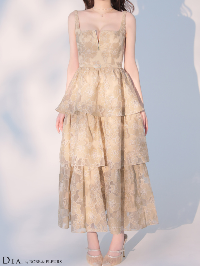 XS〜Lサイズあり】オーガンジーフラワーティアードロングキャバ