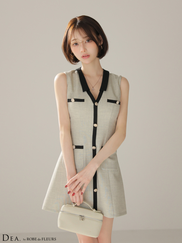 XSサイズあり】配色ラインVネック台形ミニキャバドレス(DE4176)