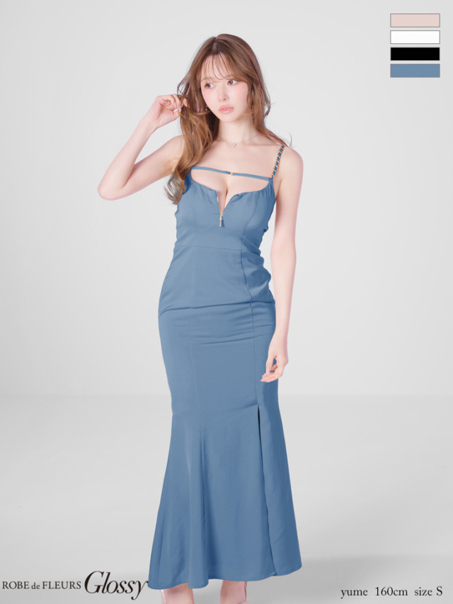 Lサイズあり】 チェーンショルダーサテンマーメイドロングキャバドレス