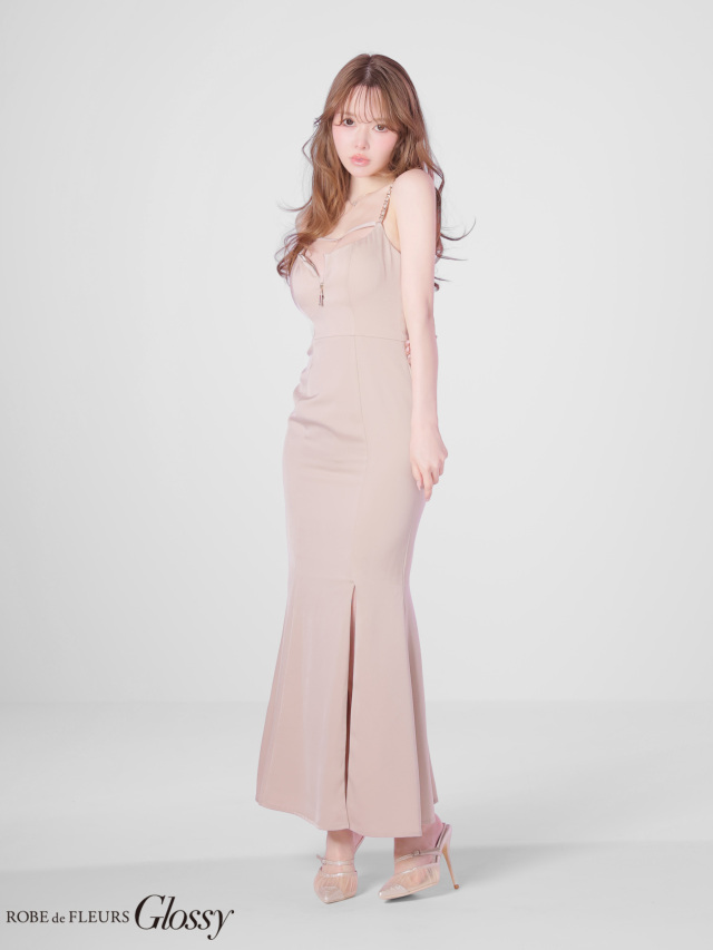 Lサイズあり】 チェーンショルダーサテンマーメイドロングキャバドレス