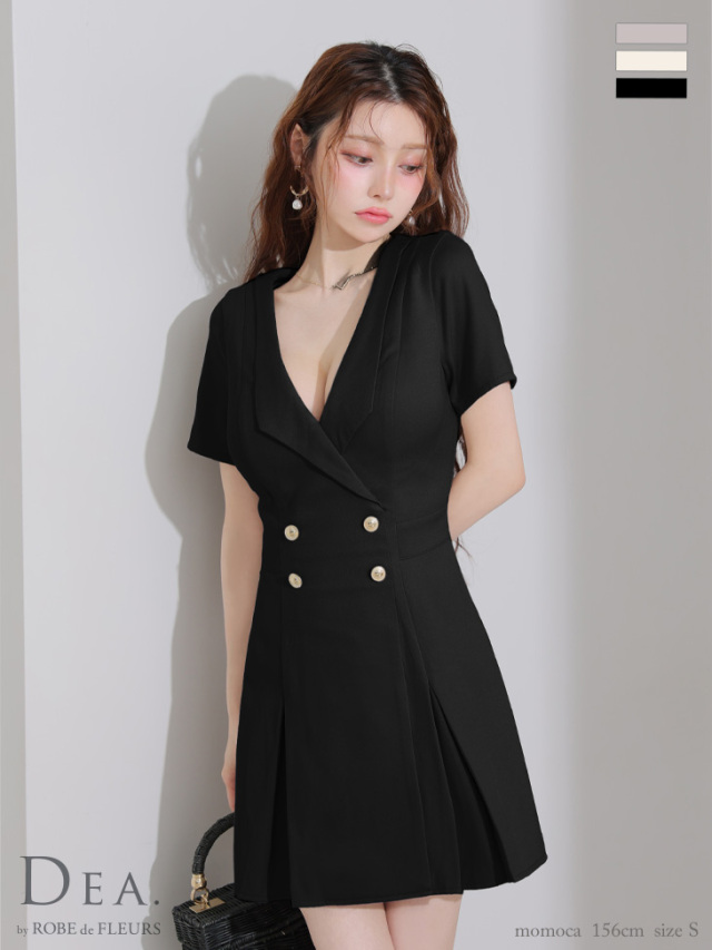 XS～Lサイズあり】襟付きダブルボタンプリーツ半袖ミニキャバドレス  