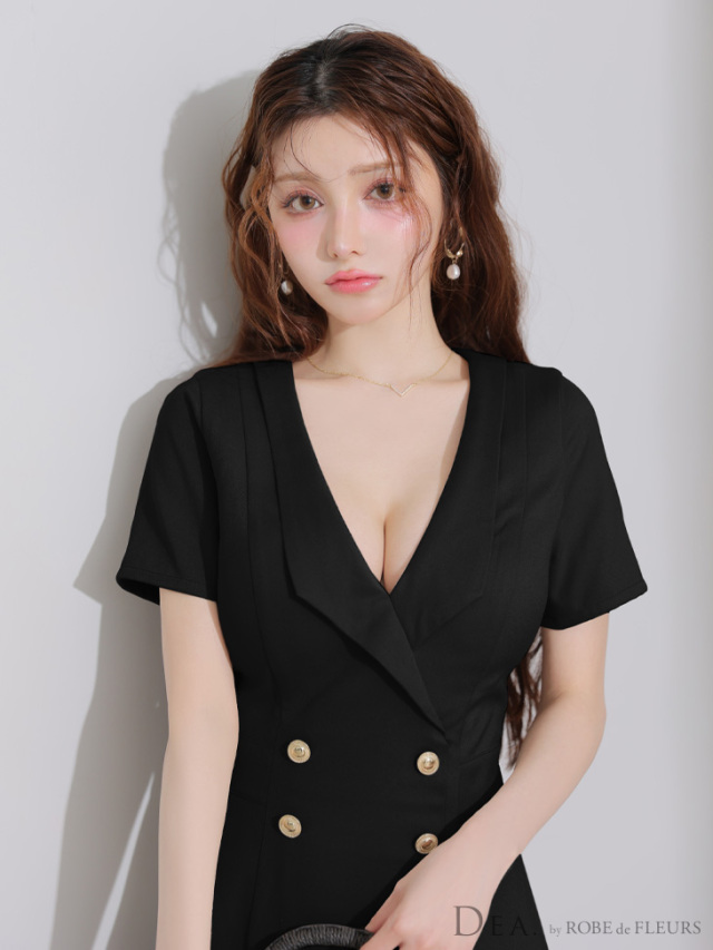 XS～Lサイズあり】襟付きダブルボタンプリーツ半袖ミニキャバ