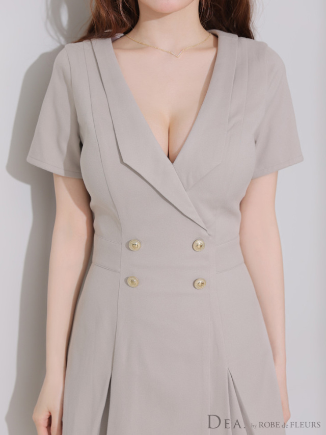 XS～Lサイズあり】襟付きダブルボタンプリーツ半袖ミニキャバドレス  