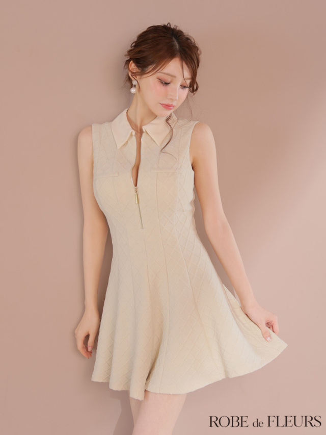 ROBE de FLEURS ローブドフルール 襟付きフレアミディキャバドレス XSサイズあり】襟付きリボン×フラワーミニキャバドレス (fm3309)