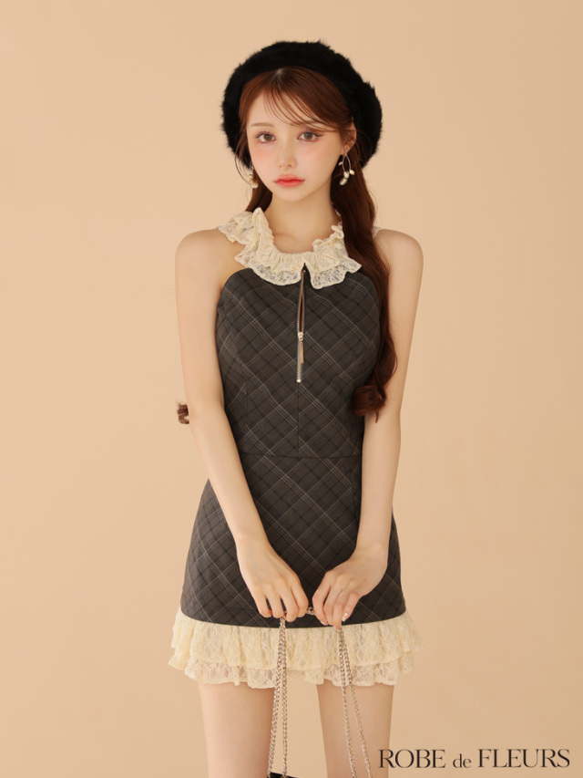 XSサイズあり】レースチェックバストジップセットアップミニ