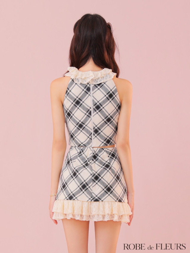 robe セットアップ　ドレス　L ラメチェックツイード×オーガンジー ロングセットアップキャバ