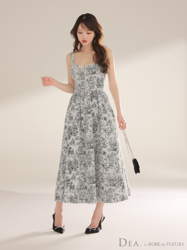 XS～Lサイズあり】ジャガードバストジップフレアロングキャバドレス