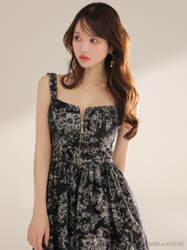 XS～Lサイズあり】ジャガードバストジップフレアロングキャバドレス