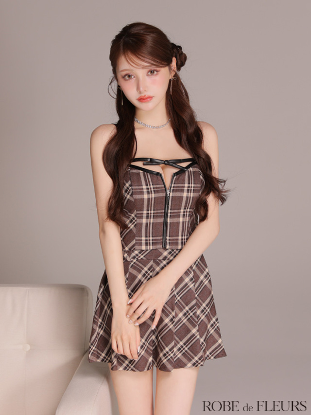 XSサイズあり】レザーミニリボンチェックフレアセットアップミニキャバ