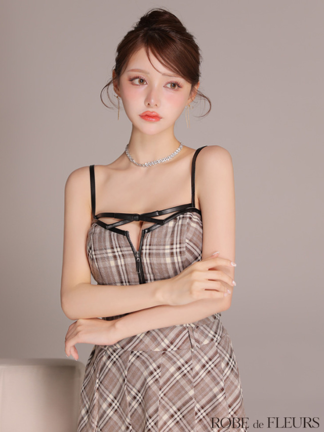 XSサイズあり】レザーミニリボンチェックフレアセットアップミニキャバ
