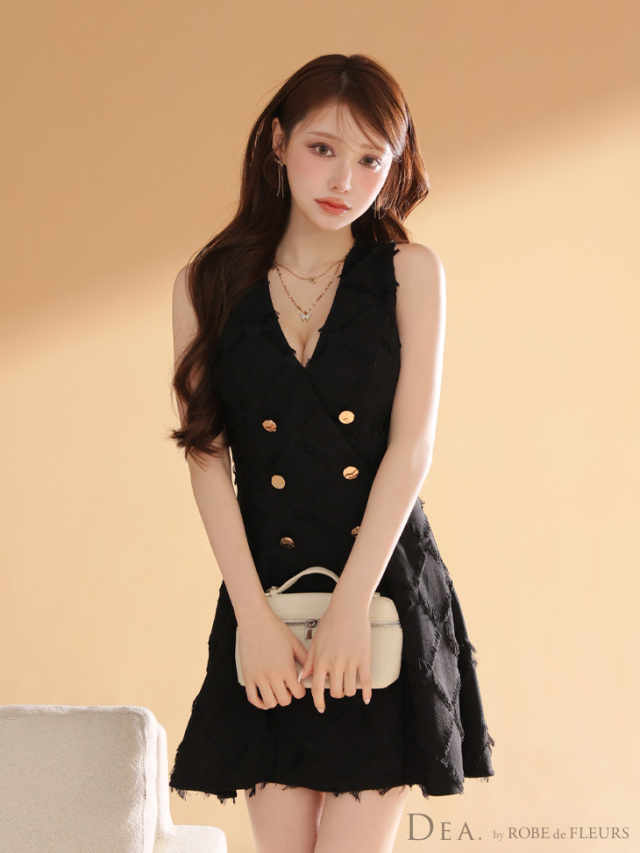 フリンジジャガードダブルボタンフレアミニキャバドレス ☆予約商品☆【9月中旬入荷予定】【XS~Lサイズあり】フリンジ