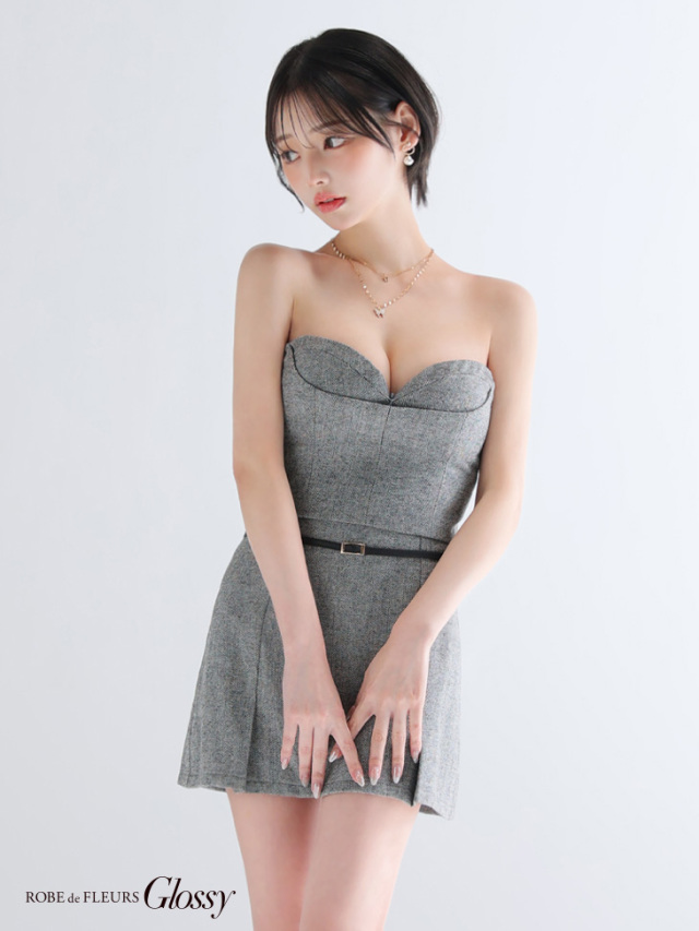 ROBE de FLEURS ヘリンボーンレザーベルトデザインセットアップ　S XSサイズあり】ヘリンボーンレザーベルトデザインセットアップ