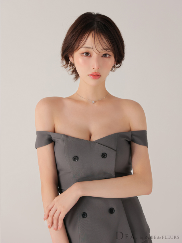 XSサイズあり】オフショルダブルボタンセットアップフレアミニキャバ