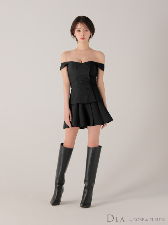 XSサイズあり】オフショルダブルボタンセットアップフレアミニキャバ