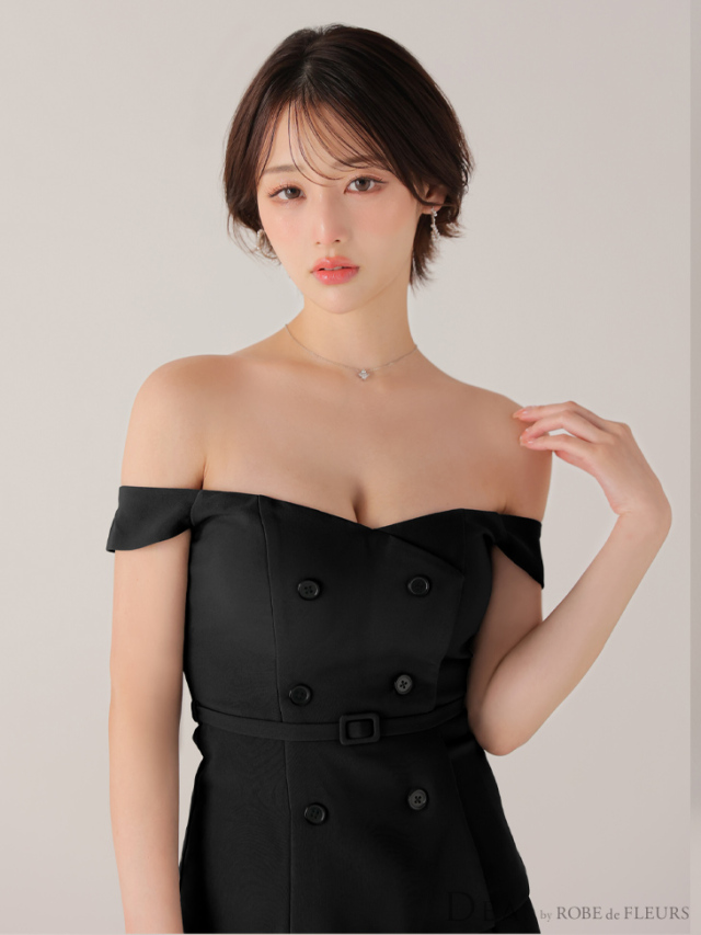 XSサイズあり】オフショルダブルボタンセットアップフレアミニキャバ