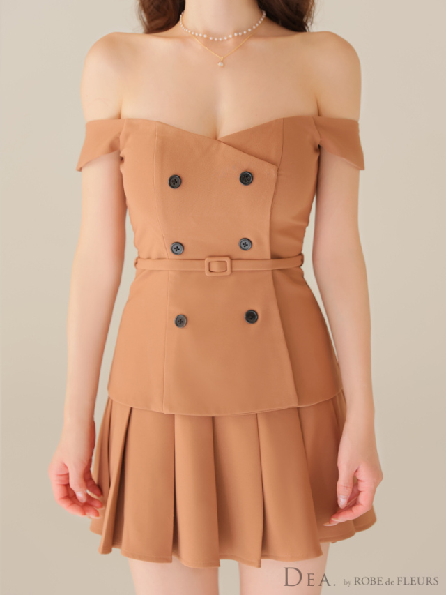 XSサイズあり】オフショルダブルボタンセットアップフレアミニキャバ