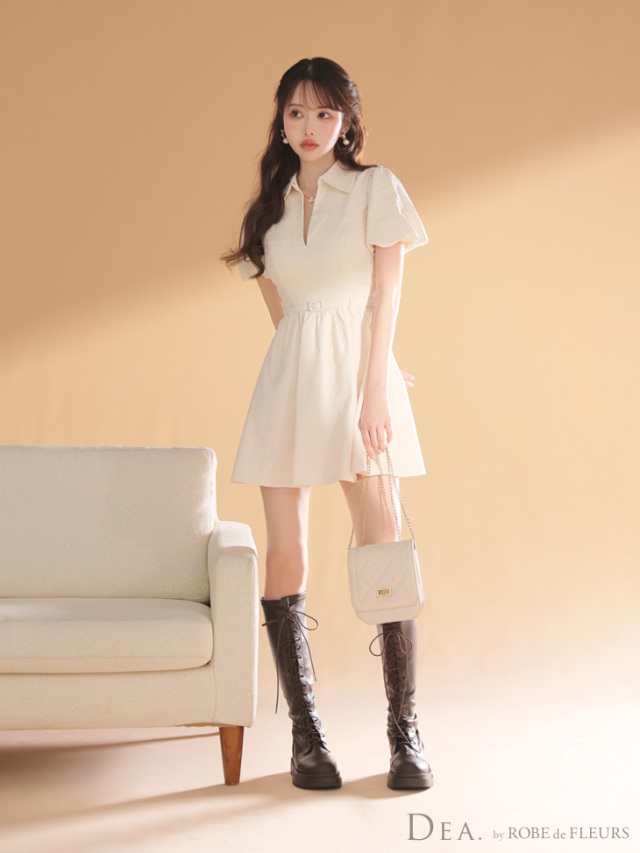 ワッフル素材クラシカル襟付きフレアミニキャバドレス XS～Lサイズあり】ワッフル素材クラシカル襟付きフレアミニキャバ