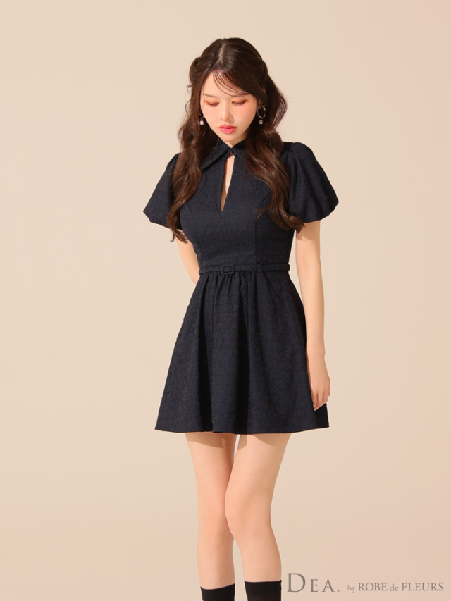 ワッフル素材クラシカル襟付きフレアミニキャバドレス XS～Lサイズあり】ワッフル素材クラシカル襟付きフレアミニキャバ