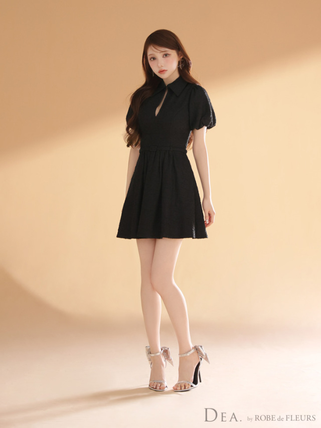 XS～Lサイズあり】ワッフル素材クラシカル襟付きフレアミニキャバ