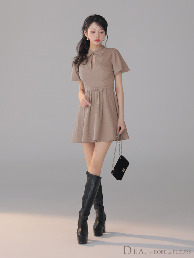 XS～Lサイズあり】ワッフル素材クラシカル襟付きフレアミニキャバ