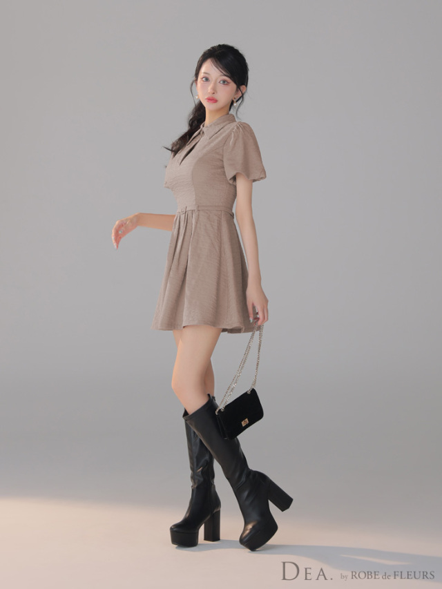 ワッフル素材クラシカル襟付きフレアミニキャバドレス XS～Lサイズあり】ワッフル素材クラシカル襟付きフレアミニキャバ