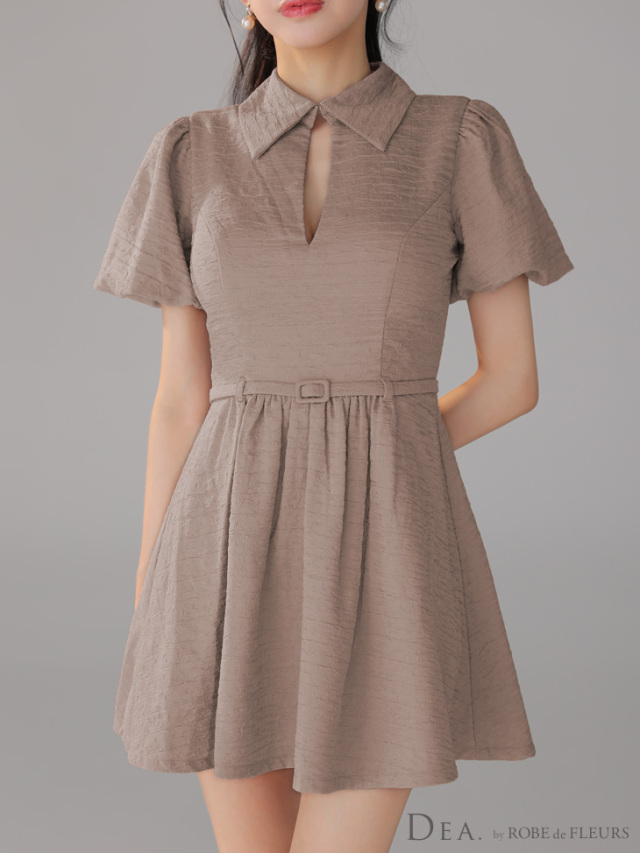 XS～Lサイズあり】ワッフル素材クラシカル襟付きフレアミニキャバ