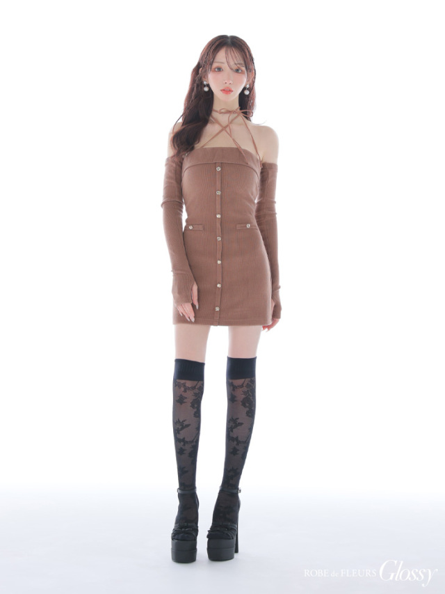 XSサイズあり】アームウォーマー付きリブニットフロントボタンタイト