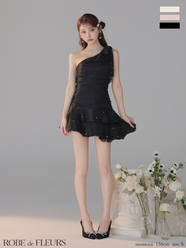 ROBE de FLEURSワンショルダーリボンティアードフレアミニキャバドレス XSサイズあり【ROBE de FLEURS/ローブドフルール】サテン/ ワン