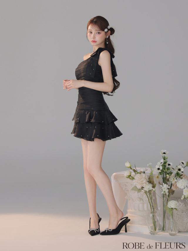 ローブドフルール サテンワンショルダーリボンティアードフレアミニキャバドレス XSサイズあり】サテンワンショルダーリボンティアードフレアミニ