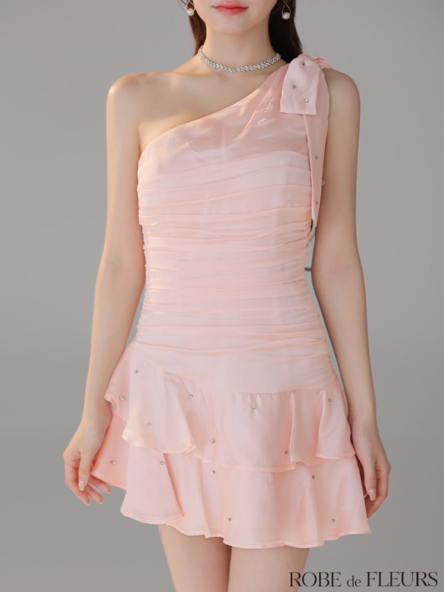 XSサイズあり】サテンワンショルダーリボンティアードフレアミニキャバ