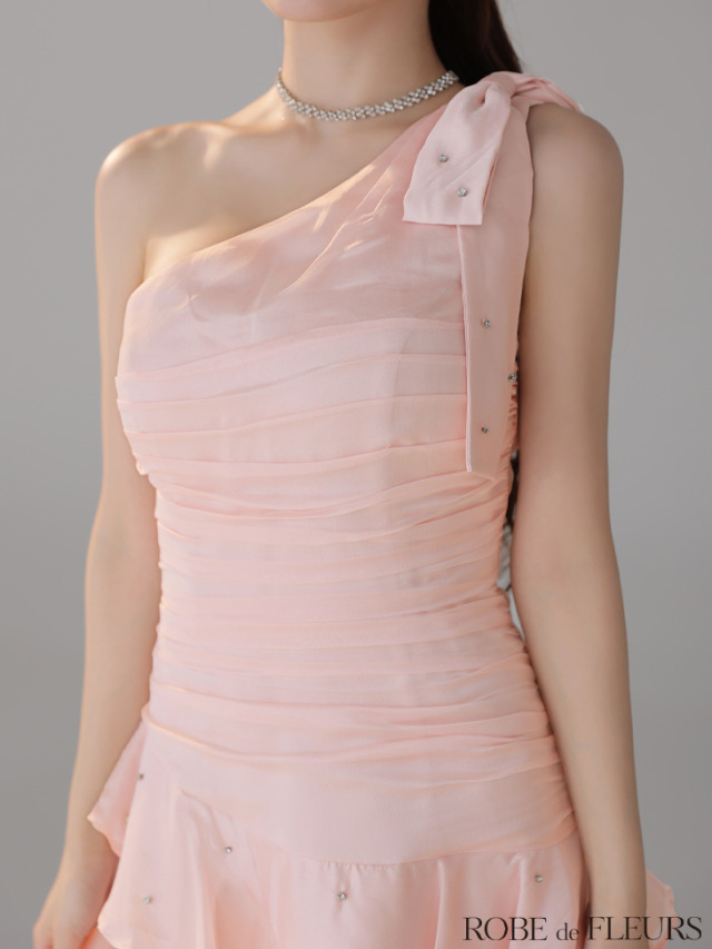 XSサイズあり】サテンワンショルダーリボンティアードフレアミニキャバ