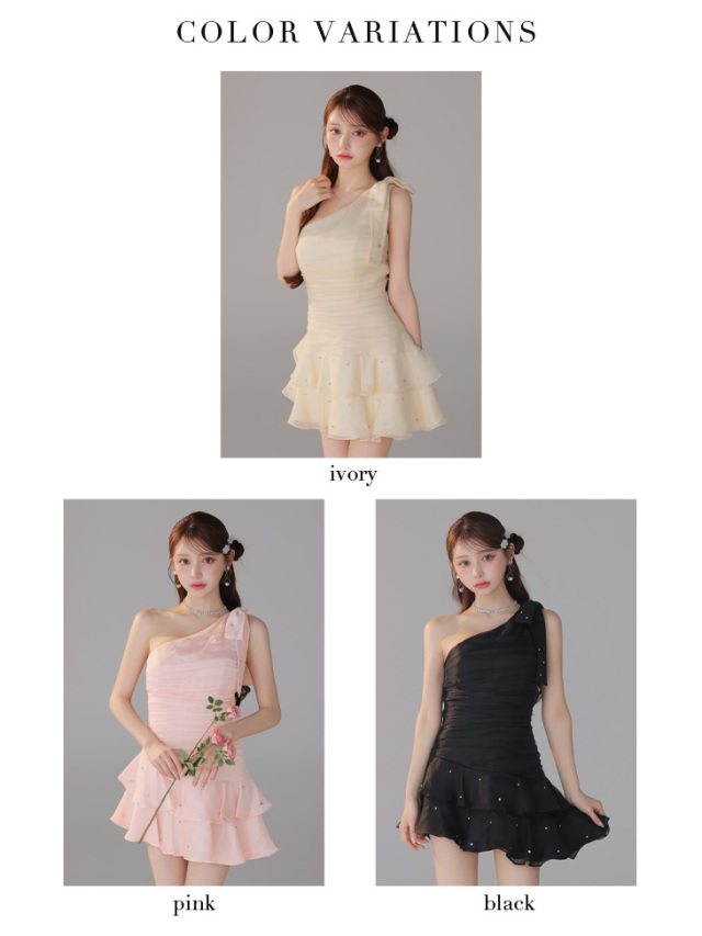 ローブドフルール サテンワンショルダーリボンティアードフレアミニキャバドレス XSサイズあり【ROBE de FLEURS/ローブドフルール】サテン/ ワン