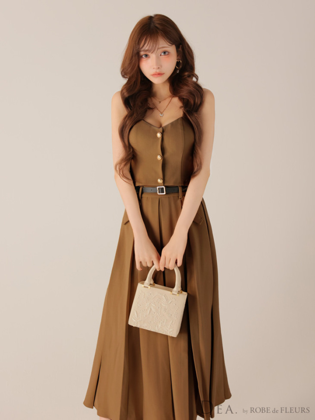 XS～Lサイズあり】フロントボタンベルトスリットセットアップロング