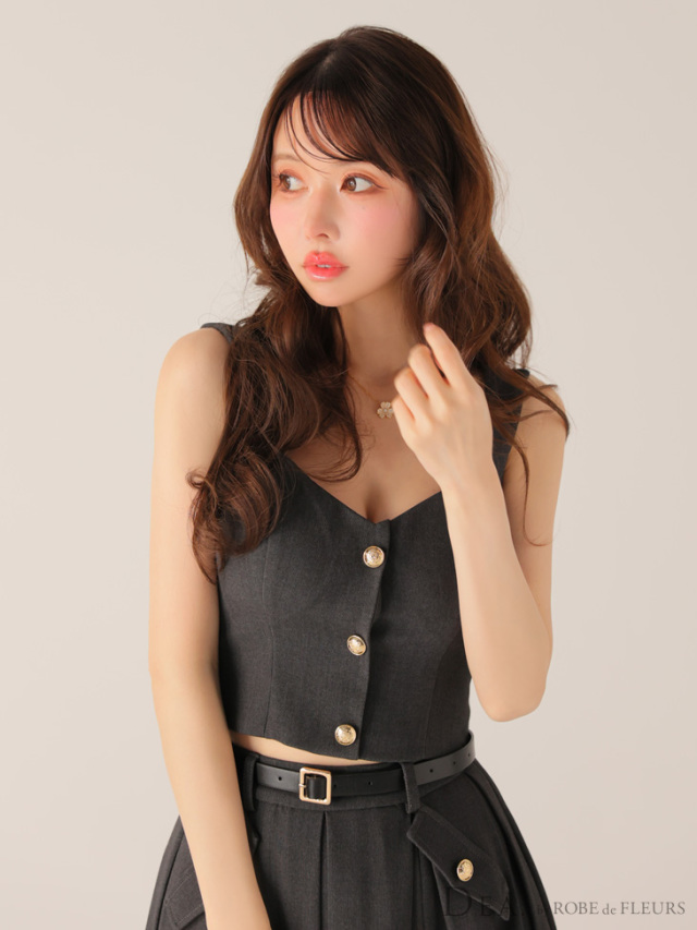 XS～Lサイズあり】フロントボタンベルトスリットセットアップロング