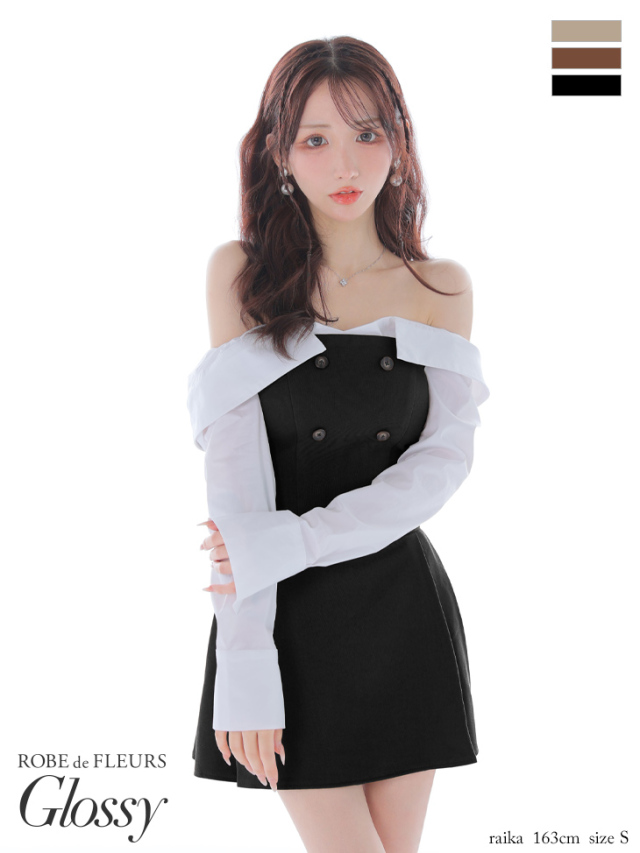 ROBEdeFLEURSダブルボタンサイドチュールオフショルフレアキャバドレス Lサイズあり】ダブルボタンサイドチュールオフショルフレア